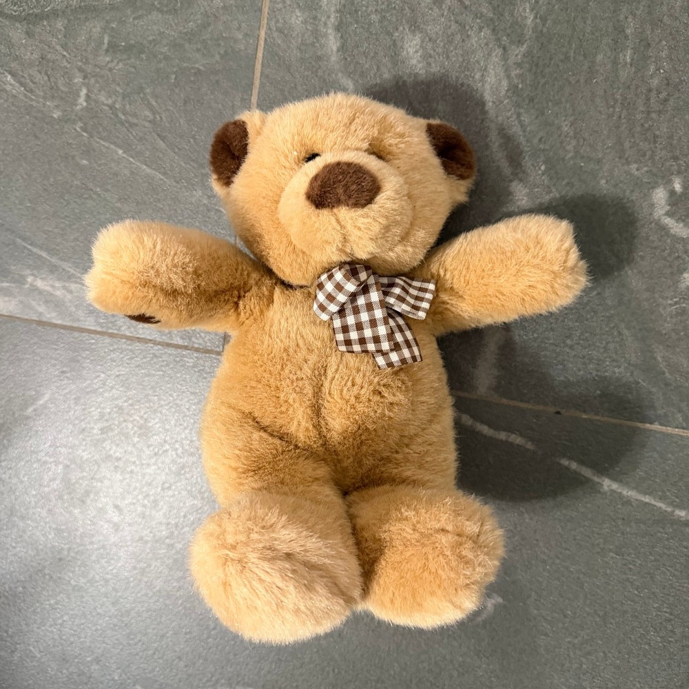 VTG 1993 GUND Tan Plush Teddy Bear Gingham Bow 1G64 11 Inch Stuffed Animal